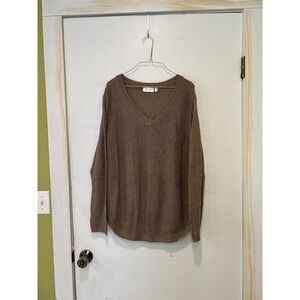 RD Style Oversized V Neck Knit Ribbed Sweater Taupe Boho Women's Medium